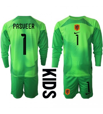 Nederland Remko Pasveer #1 Keeper Hjemmedraktsett Barn VM 2022 Langermet (+ Korte bukser)